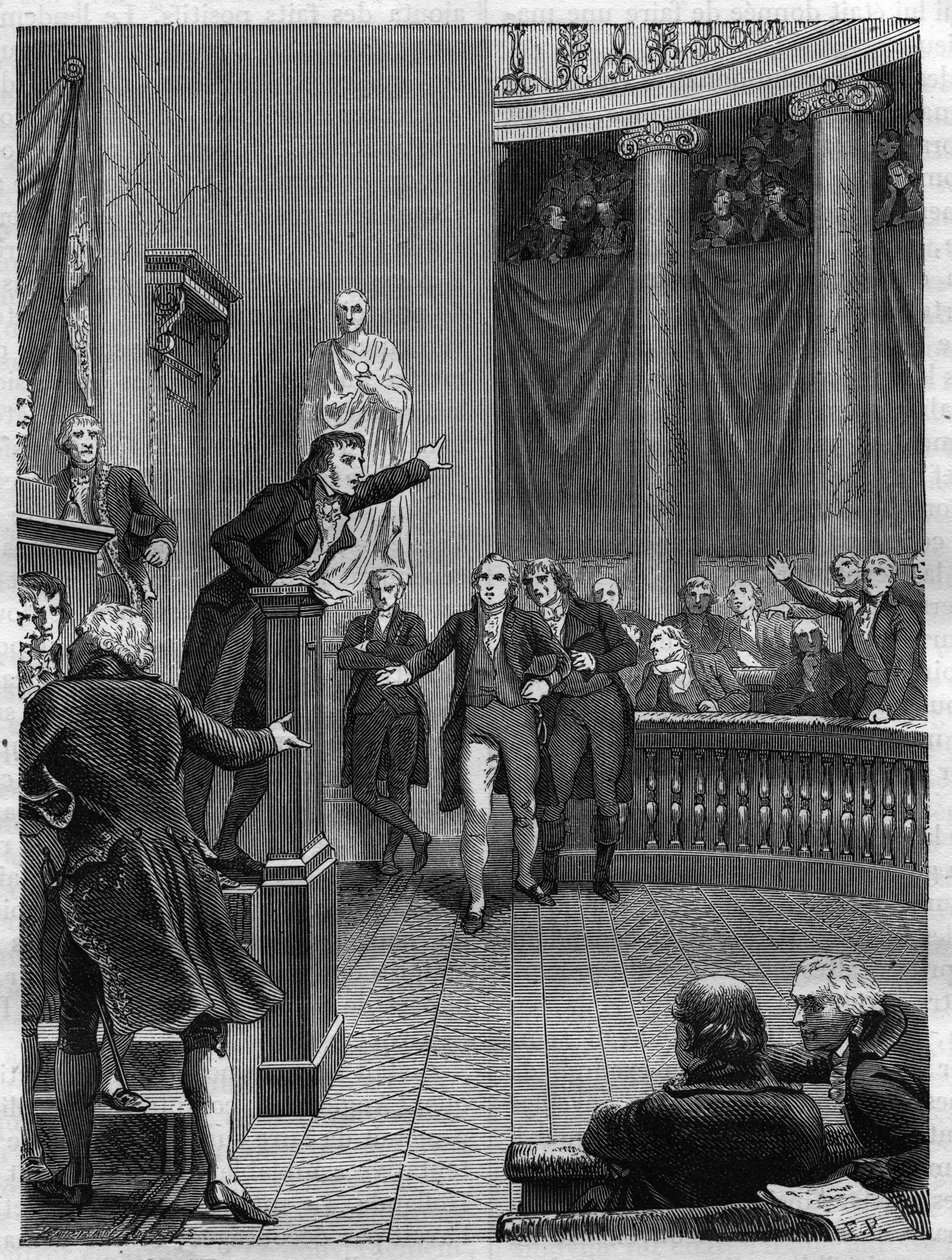 Seance du Tribunat: Benjamin Constant (1767-1830) beszéde a Napóleon által felállított rezsimet elítélő tribün előtt, 1800. január - Louis Adolphe Thiers francia politikus „” Histoire du Consulate et de l’Empire” című metszete 1865-ből Benjamin Constant alkotó: French School