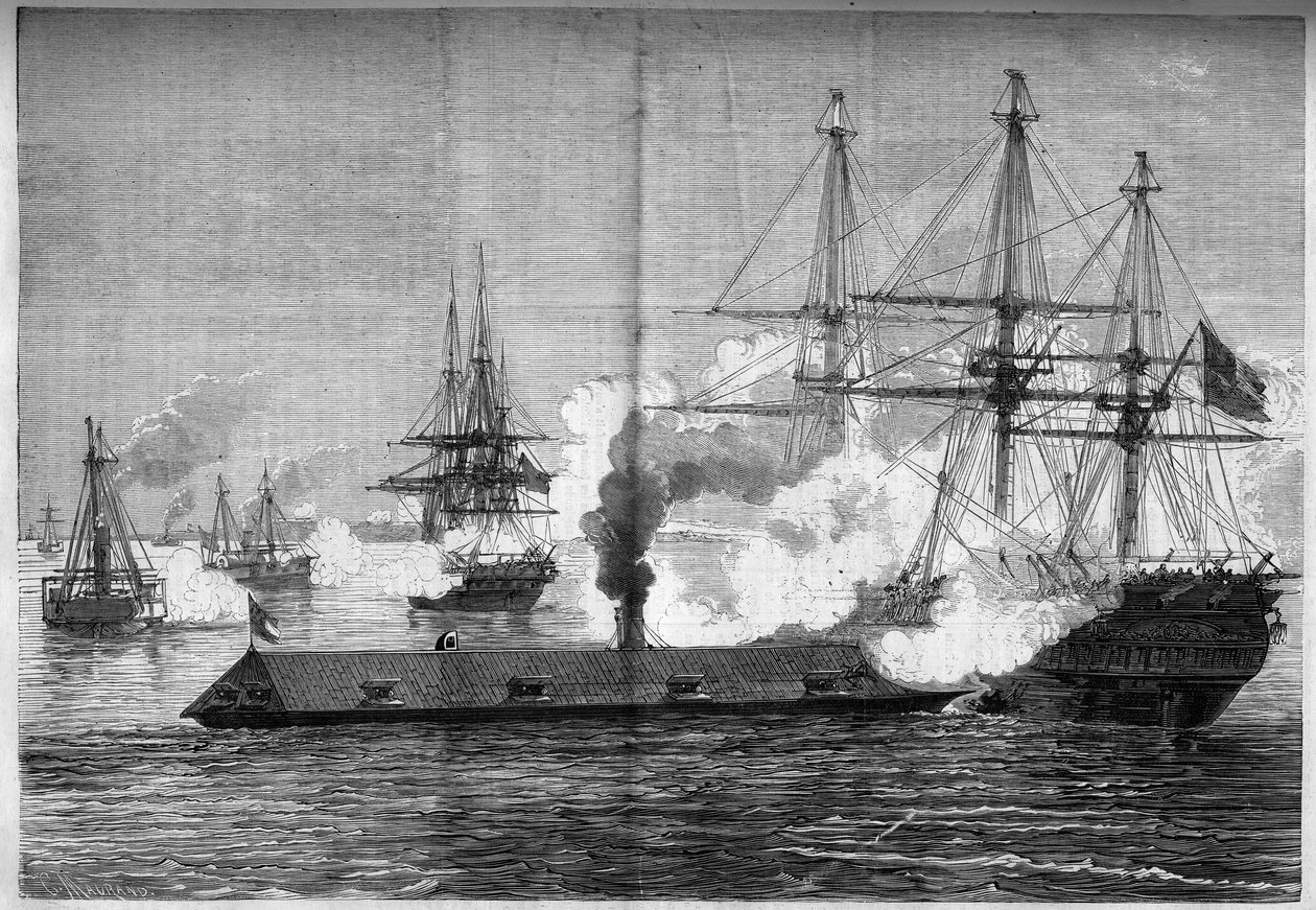 Szecessziós háború (1861-1865) vagy amerikai polgárháború – Newport News-i haditengerészeti csata (Virginia) – március 8-9. alkotó: French School