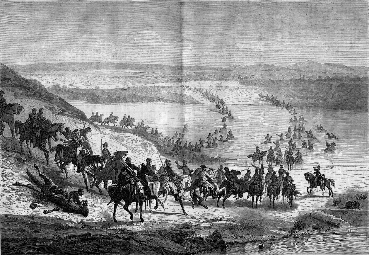 Szecessziós háború (1861-1865) vagy amerikai polgárháború: Stuart tábornok déli lovassága átkel a Potomac-on. Metszet a „” Le Monde Illustré”” 293. számában, november 22 alkotó: French School