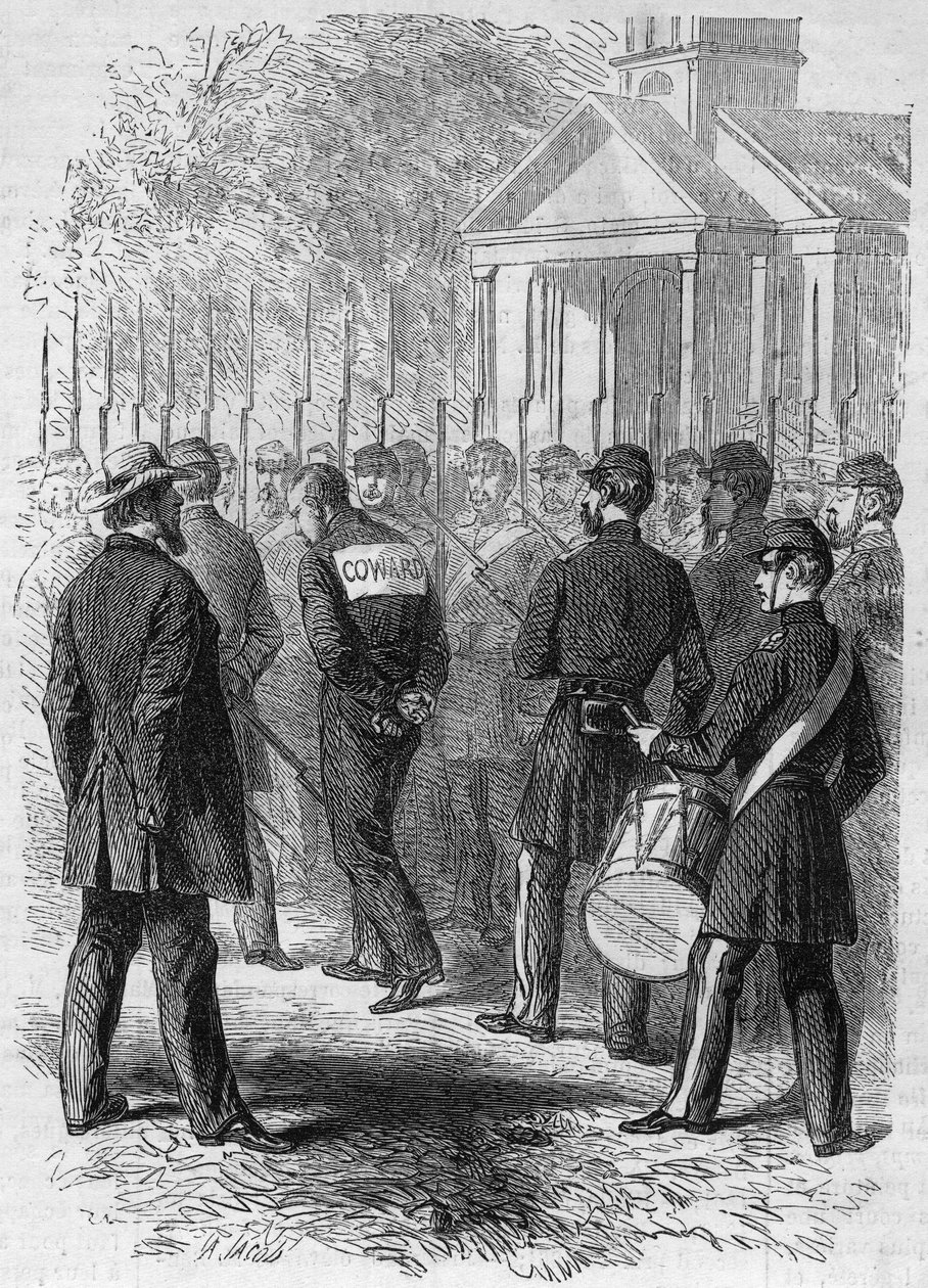 Szecessziós háború (1861-1865) vagy amerikai polgárháború: az északi fegyvert használó katona megbüntetése, akit harci hete vádjával vádolnak. Megkötözött kézzel, hátán „Lache” táblával, dobszóra kel át a táboron. Metszet a „” Le Monde Illustré”” sz alkotó: French School