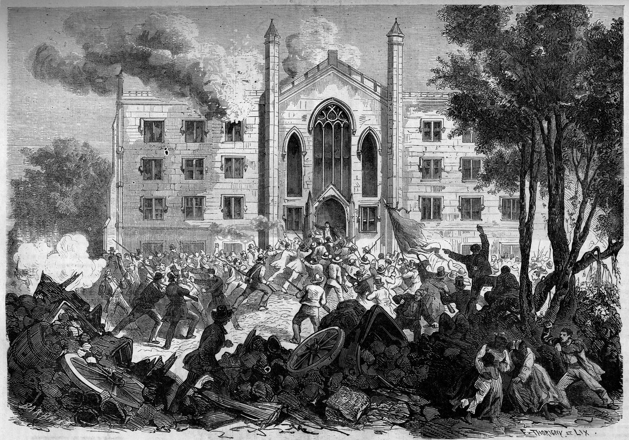 Szecessziós háború vagy amerikai polgárháború (1861-1865) – New York – 1863. július: a hadkötelezettség ellenállása, a felkelések felgyújtották a színesbőrű árvák menedékházát New Yorkban a „Draf Riots” idején. Metszet a „” Le Monde Illustré”” 331. számban alkotó: French School