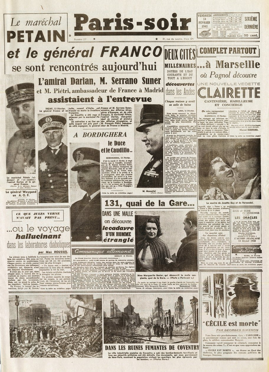 Második világháború (1939-1945) – II. Világháború (WWII vagy WW2): PÁRIZS FORRÁS [No. 237], 1941.02.14. - Találkozó LE MARECHAL PETAIN és FRANCO GENERAL között - alkotó: French School
