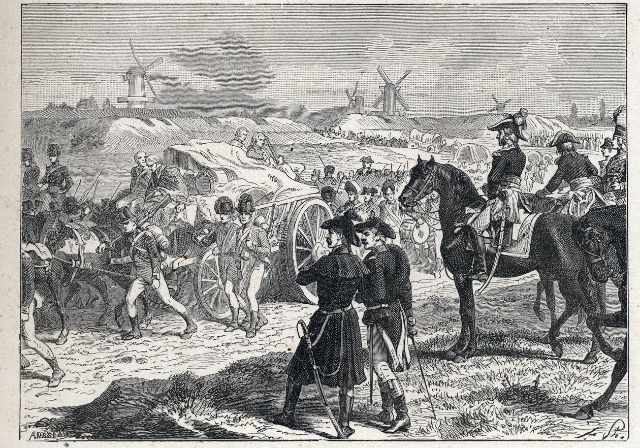 Második koalíció: a Marechal Brune által vezényelt francia hadsereg megnyerte York herceg angol csapatait Hollandiában, 1799 októberében. alkotó: French School