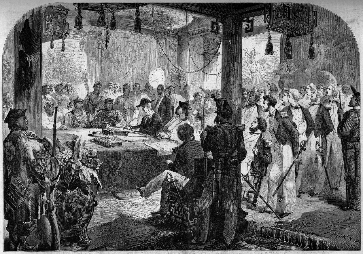 Második ópiumháború Franciaország, Anglia és Kína között (1858-1860) – a Tiencsin Szerződés (Tientsin) aláírása 1858-ban: Lord Elgin angol és francia nagykövet (James Bruce) alkotó: French School
