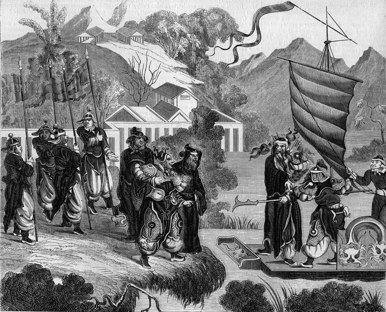 Második ópiumháború Franciaország, Anglia és Kína között (1858-1860): a konfliktus kínai karikatúrája. Egy csónak készen áll arra, hogy megközelítse a partot egy csoport kínai gúnyos tekintete alatt. A hajó fedélzetén két karakter Franciaországot (balra) é alkotó: French School