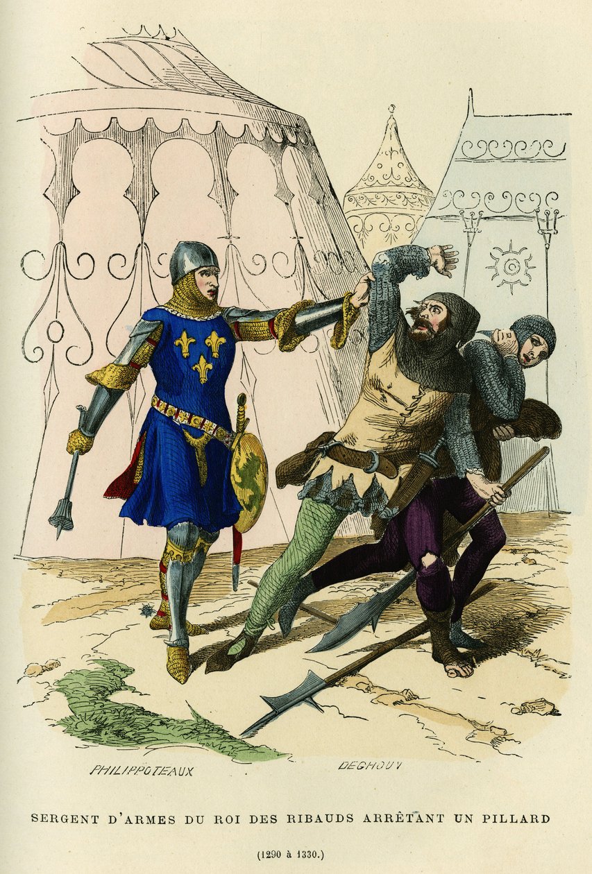 A ribaud királyának fegyveres őrmestere (a Philippe Auguste által 1189 körül alapított irreguláris milícia vezetője (vagy II. Fülöp francia 1165-1223), bizonyos rendőri funkciókkal) letartóztat egy fosztogatót (1290-1330). Színes gravírozás, „Franciaország alkotó: French School
