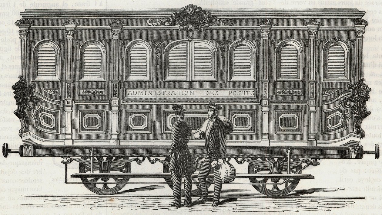 Posta - a mobil iroda külső képe - Edmond Texier 1852-es metszete „Tableau-de-Paris”-ban alkotó: French School