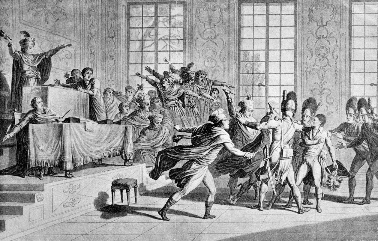 A törvényhozás ülése az orangerie de St Cloudban: Bonaparte megjelenése és a 18. köd év VIII. felszabadító napja az Ötcentes (Ötcentes) Tanács termében (500-as szoba) alkotó: French School