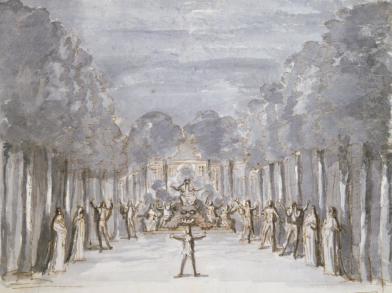 Opera díszlete, a Les Menus Plaisirs du Roi című gyűjteményből (toll és tinta, WC papíron) alkotó: French School