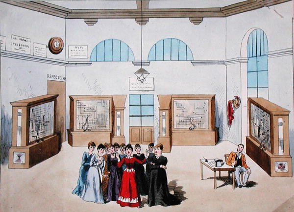 Díszlet egy operetthez, amelyben női operátorok szerepelnek egy központi telefonközpontban. 19. század vége (színes litó) alkotó: French School