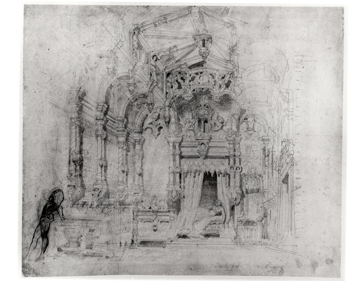 Victor Hugo (1802-85) Angelo, Tyran de Padoue című első produkciójának díszletterve, 1835 (toll és tinta papíron) alkotó: French School