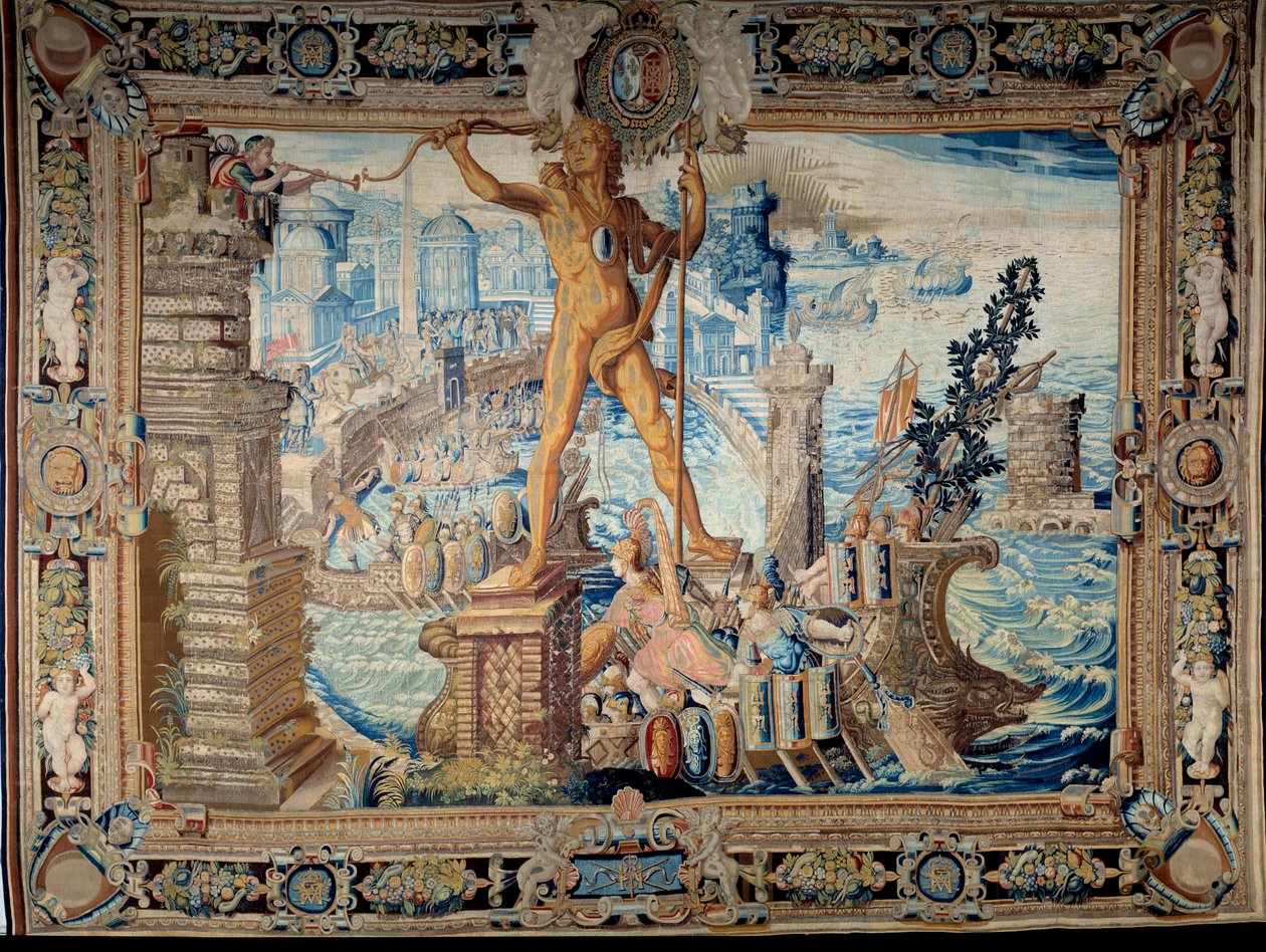 A világ hét csodája: a rodoszi kolosszus (Héliosz szobra). Gobelinek műhelyében készült kárpit. 17. századi Párizs, Musee des Gobelins alkotó: French School