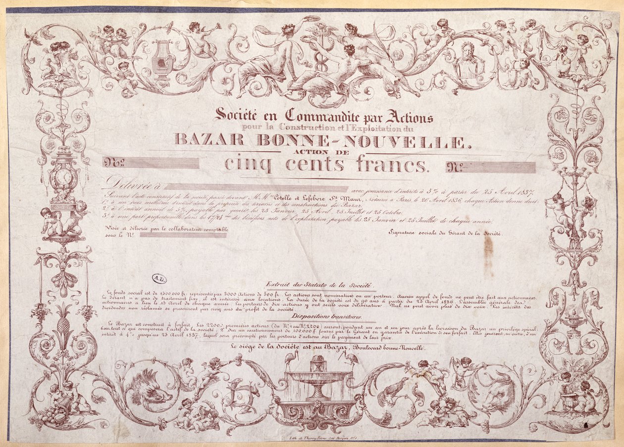Részvényjegy 500 frank értékben a Bazar Bonne-Nouvelle számára, 1836 alkotó: French School