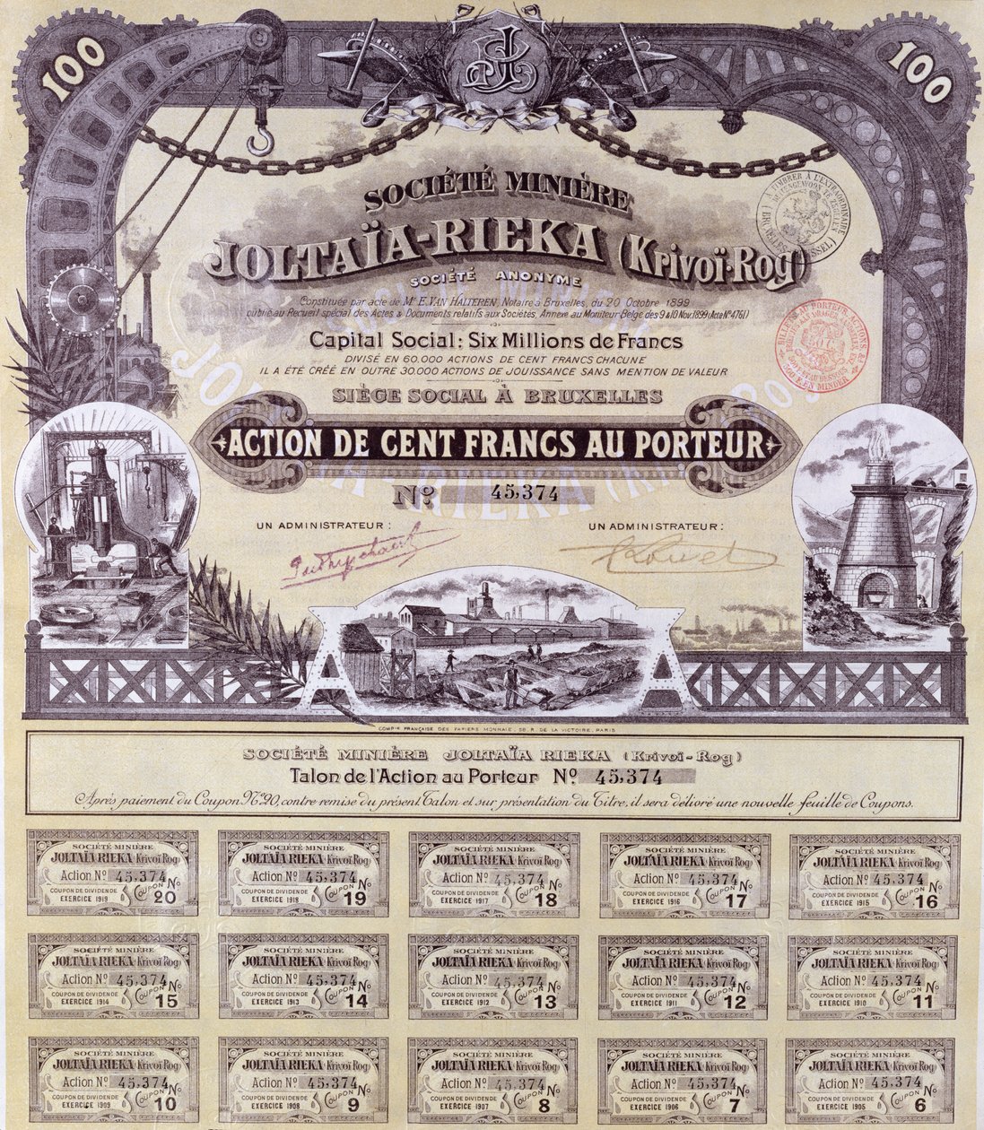100 frank részvényjegy a Joltaia-Rieka francia-orosz bányavállalat részére, 1899 alkotó: French School