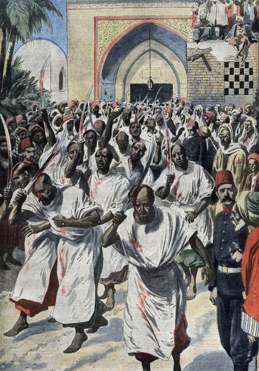 Síita muszlimok zarándoklaton Karbalában (Irak), Husayn sírjánál – „Le Petit Journal”, 1909. április (metszet) alkotó: French School