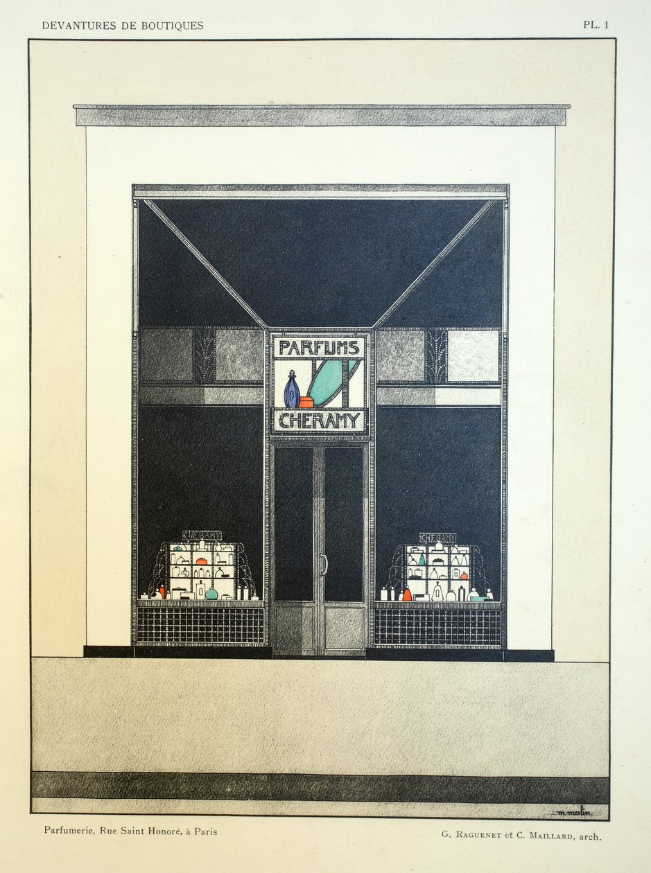 Üzlet előlapja, 1. tábla, Louis-Pierre Sezille Devantures de Boutiques illusztrációja, Párizs, 1927 alkotó: French School