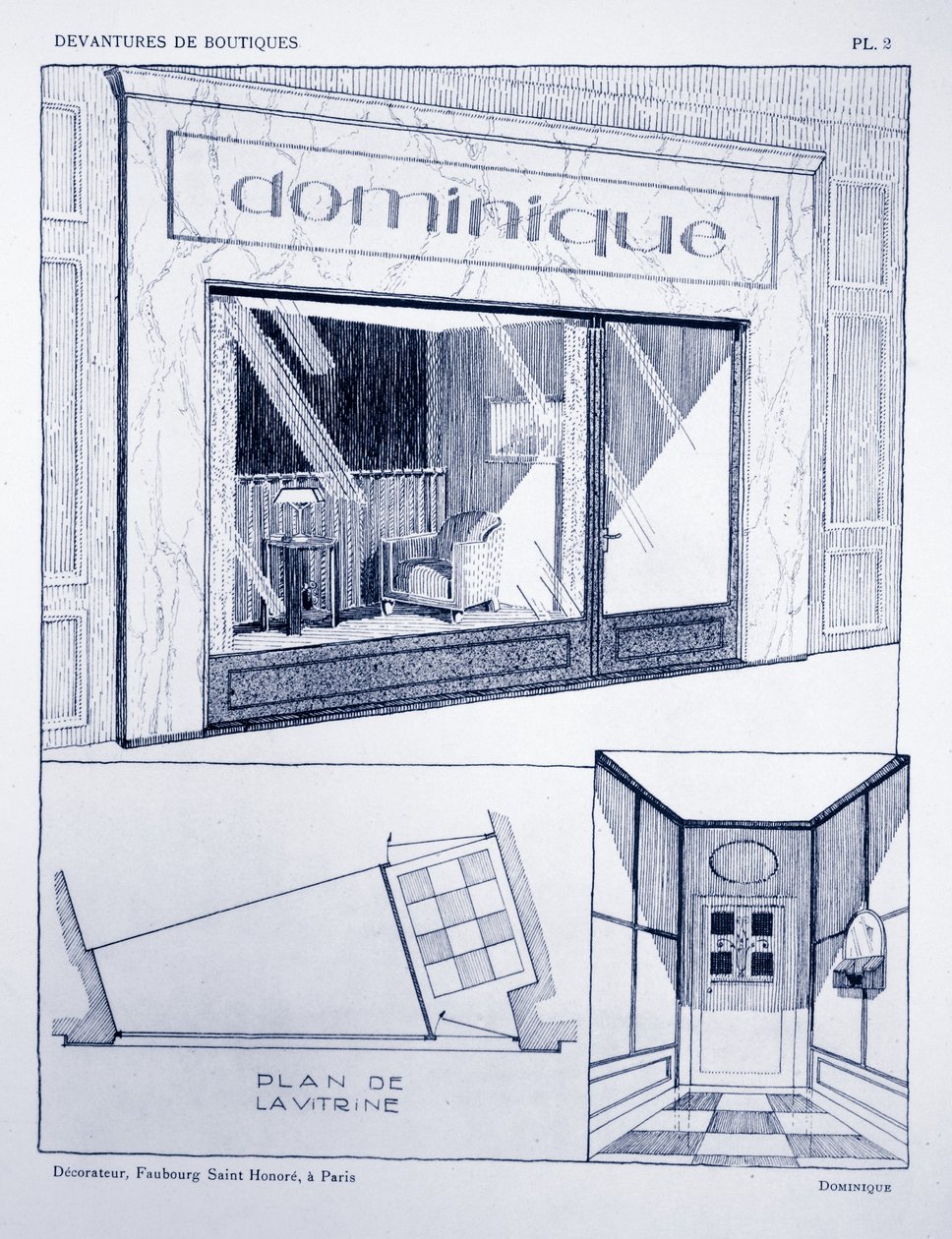 Üzlet előlapja, 2. tábla, Louis-Pierre Sezille Devantures de Boutiques illusztrációja, Párizs, 1927 alkotó: French School