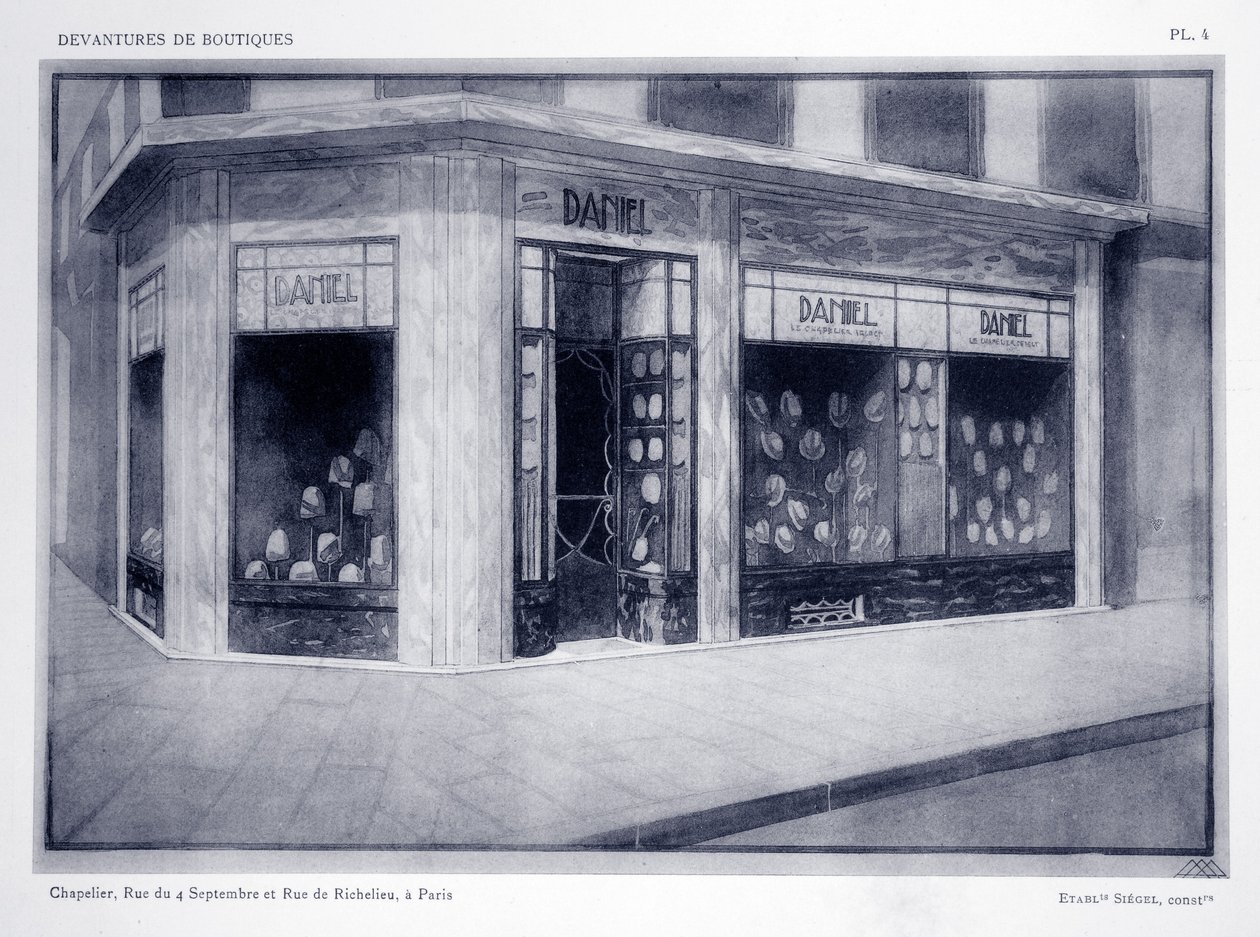 Üzlet előlapja, 4. tábla, Louis-Pierre Sezille Devantures de Boutiques illusztrációja, Párizs, 1927 alkotó: French School