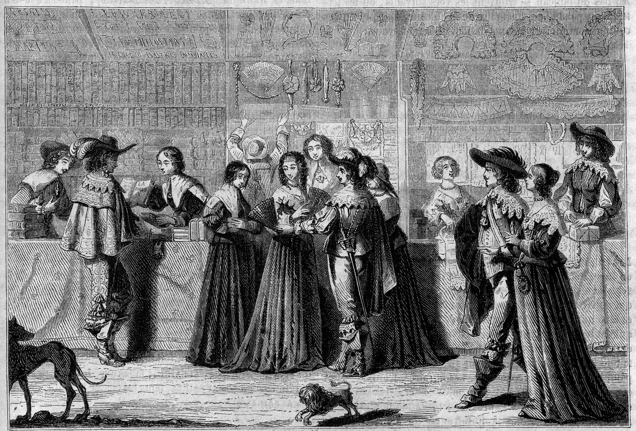 Boltok a Galerie du Palais-ban (Párizs), 17. század közepe. Balról jobbra: egy könyvesbolt, egy rövidáru üzlet, valamint egy esemény-, kesztyű- és fűzőbolt. Foulquier metszete a „Le Magasin festői”-ben alkotó: French School