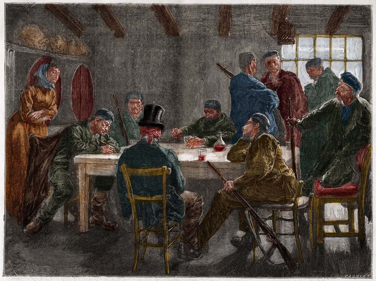 Szicíliai maffia a 19. században: Szicíliai maffiózók által 1873-ban eltörölt földbirtokos kihallgatása. Metszet 1873-ból. alkotó: French School