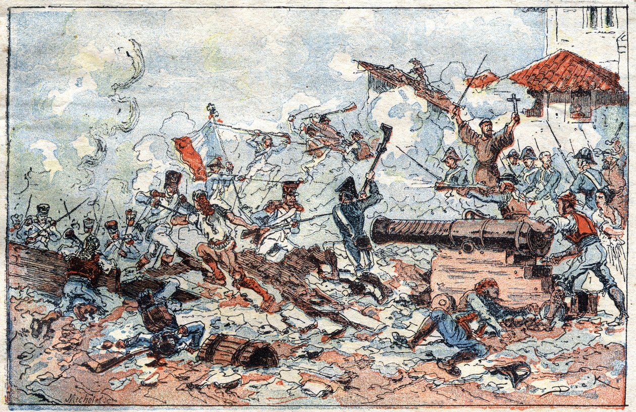A spanyolországi Zaragoza (Zaragoza) ostroma és elfoglalása 1809 februárjában a napóleoni csapatok által. századi metszet. alkotó: French School