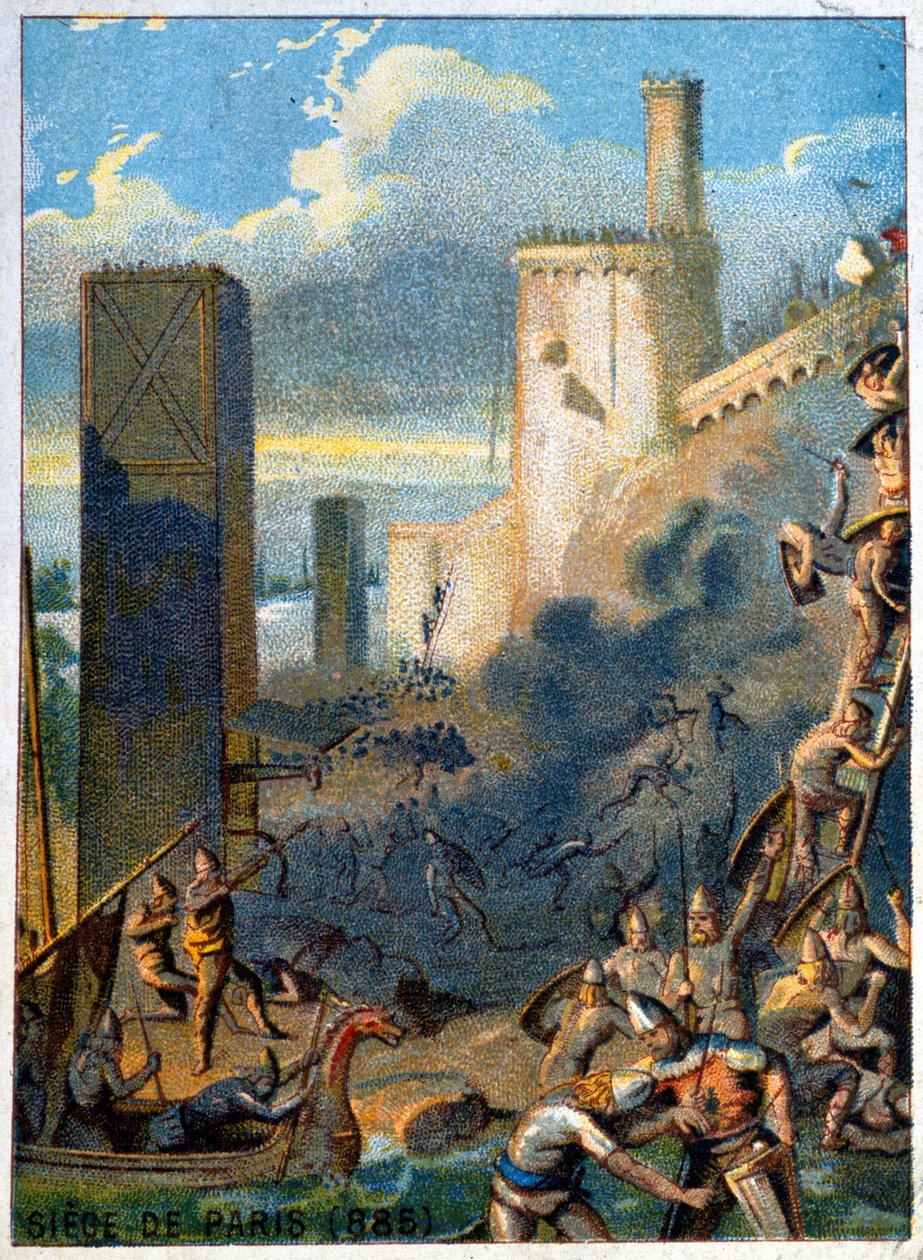 Párizs ostroma (885) a normannok (vikingek) által. A „Hazafias nevelés képen keresztül” sorozat kromolitográfiája. alkotó: French School