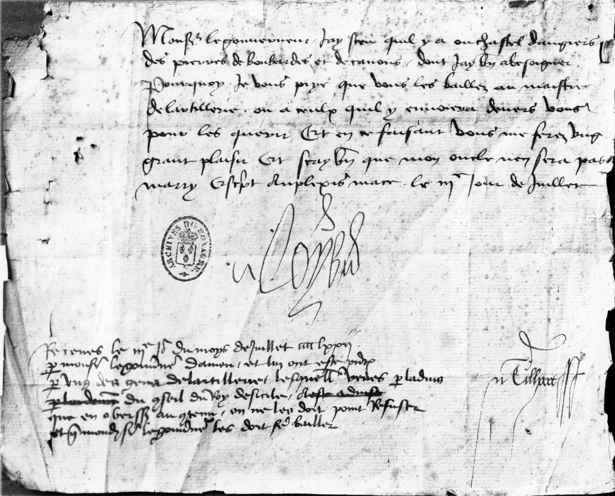 XI. Lajos aláírása Anjou kormányzójához írt, 1472. július 3-án kelt levelén (tintával papíron) alkotó: French School