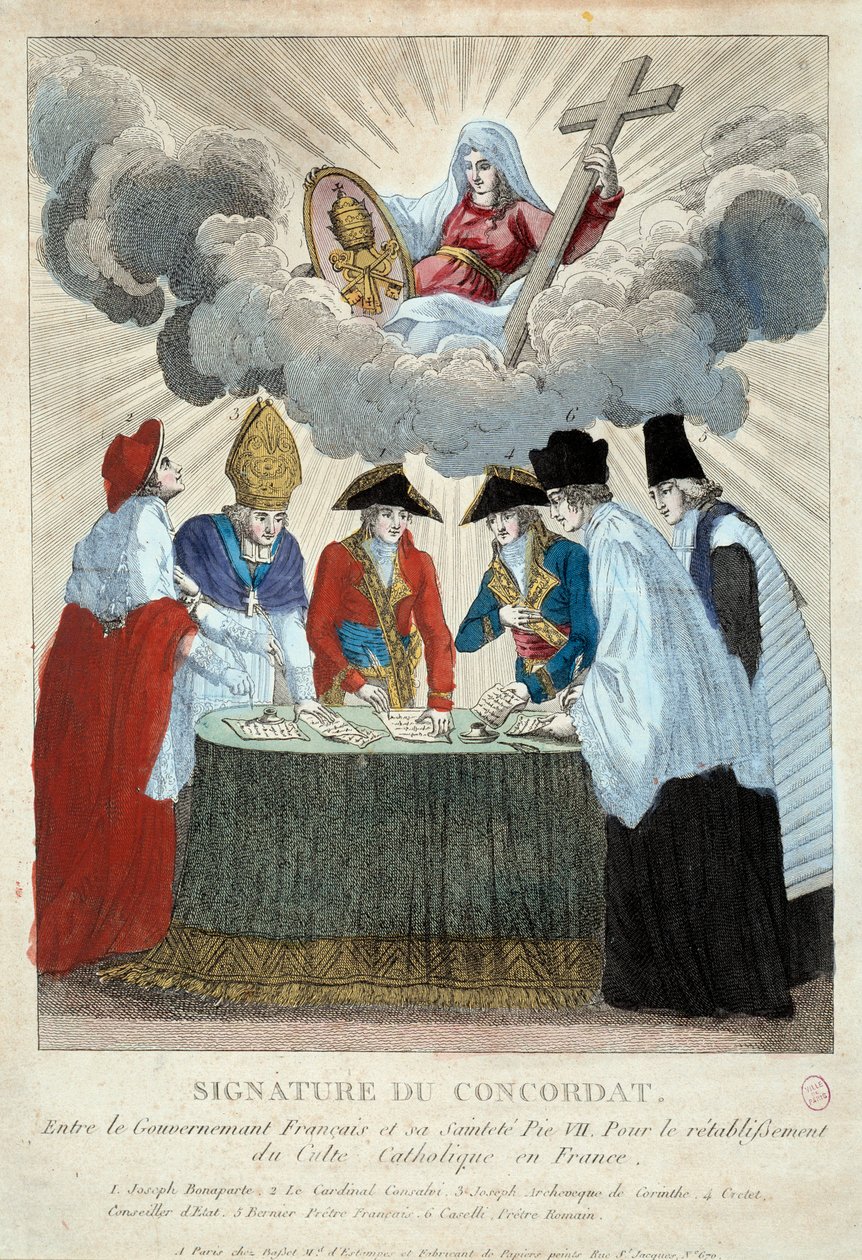 Az 1801. évi konkordátum aláírása 1801. július 15-én: a francia kormány (itt Joseph Bonaparte képviseletében) és a Saint Siege (amelyet Consalvi bíboros képvisel VII. Pius pápának) között írják alá. 1801 Párizs, Musee Carnavalet alkotó: French School