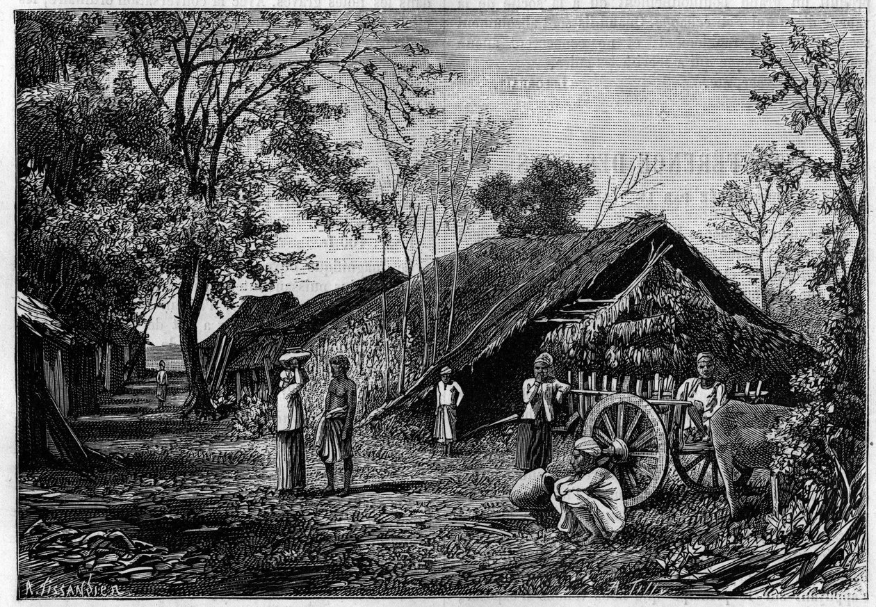 Selyemgyártás a burmai Mandalay közelében lévő faluban, ahol a selyemhernyók sodorták a gyapotot. (Mahe de La Bourdonnais gróf fényképéről). Gravírozás a „” La Nature: revue des sciences et de leurs applications aux arts et a l