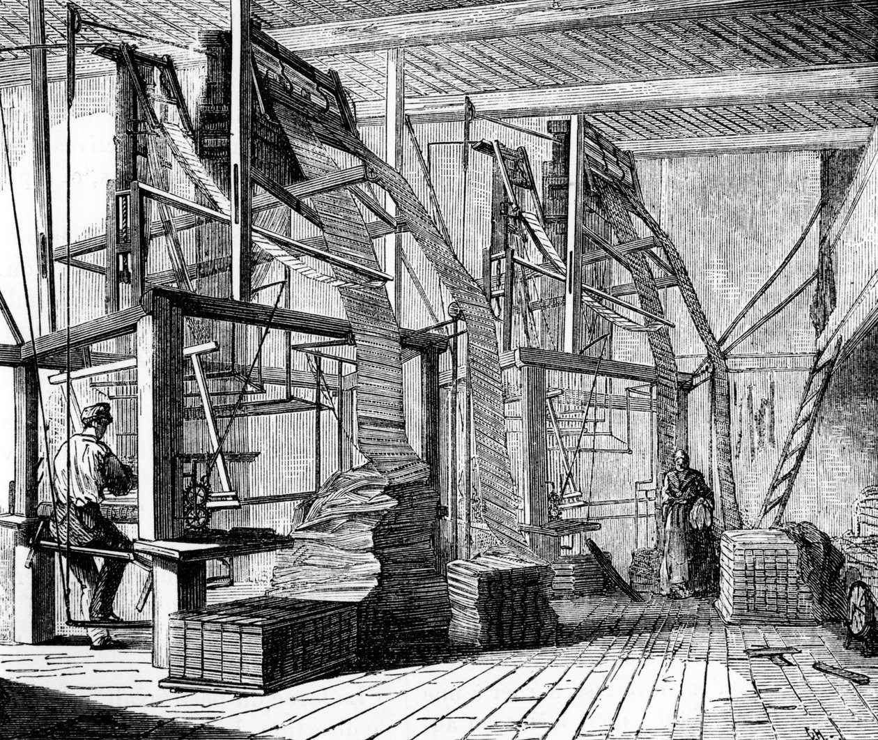 Selyemmunkások egy lyoni műhelyben jacquard szövőszék segítségével, 1880 körül alkotó: French School