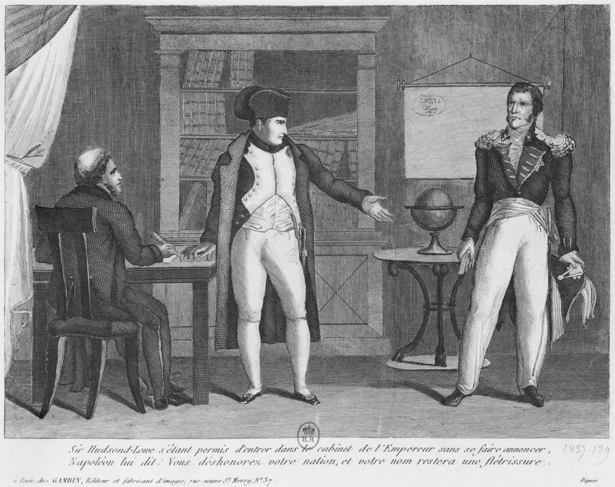 Sir Hudson Lowe I. Napóleon (1769-1821) dolgozószobájába érkezik Szent Ilona szigetére anélkül, hogy bejelentette volna magát alkotó: French School