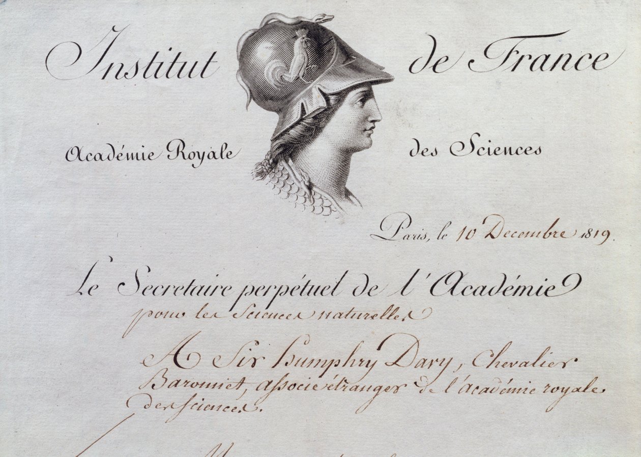 Sir Humphry Davy (1778-1829) tagsági bizonyítványa az Institut de France-hoz, 1819. december 10. alkotó: French School
