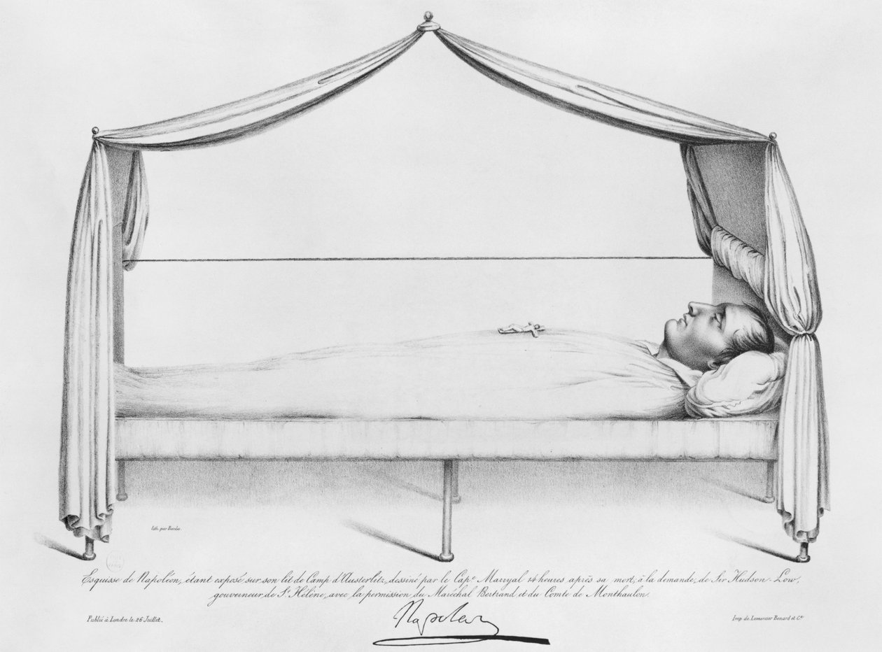 Vázlat I. Napóleonról (1769-1821) halálos ágyán, amelyet Marryal kapitány rajzolt St. Helenában, vésette Bordes, 1821. május 5. alkotó: French School