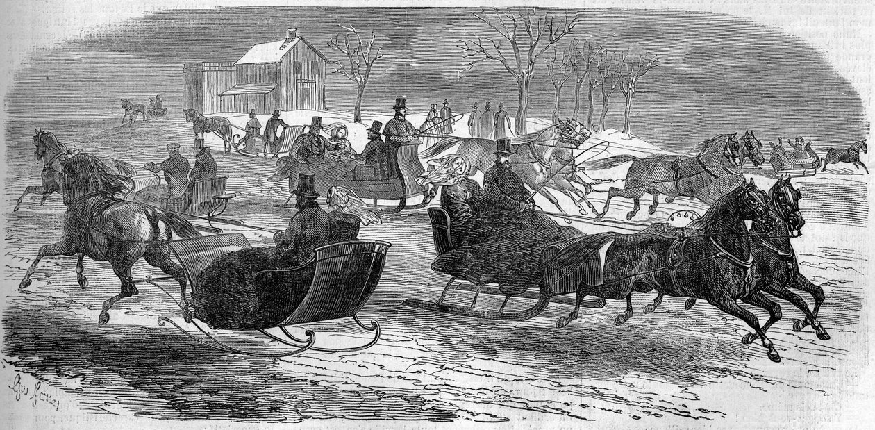 Szán New Yorkban (New York), Egyesült Államokban (Egyesült Államok), 1858 telén. Metszet a „” Le Monde Illustré”” 47. számban, 1858. március 6.. alkotó: French School