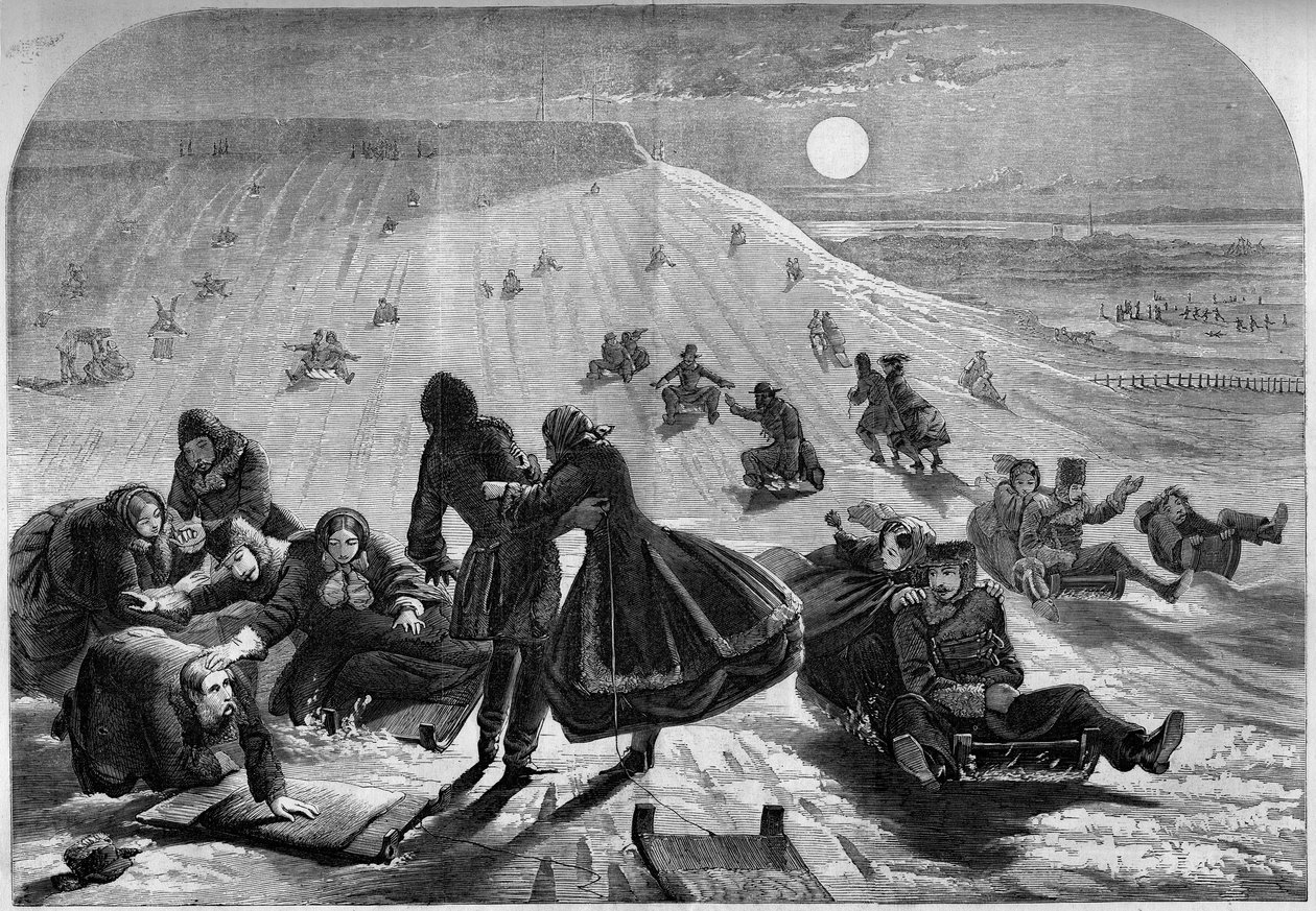 Szánkózás Montrealban, Kanadában, 1859 telén. Metszet a „” Le Monde Illustré”” 98. számban, 1859. február 26.. alkotó: French School