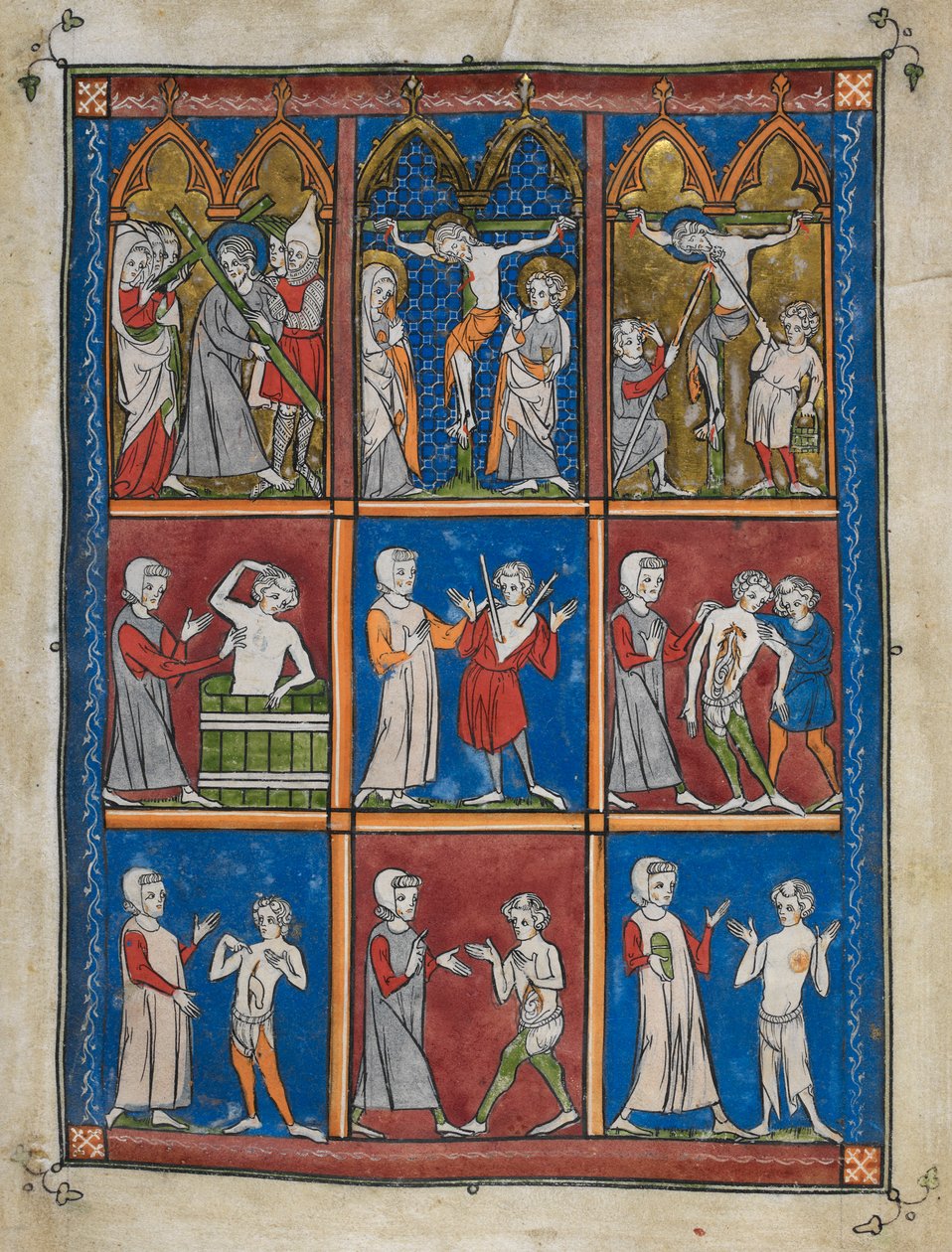 Sloane 1977, f.7 The Chirurgia: Kilenc miniatúra bibliai és orvosi jelenetekkel. Fent a keresztet hordozó Krisztus; Mária és Szent János a kálvárián; Krisztus ecetet adott és átszúrta a lándzsával. Központban és alatta különböző betegeket kezelő orvosok alkotó: French School