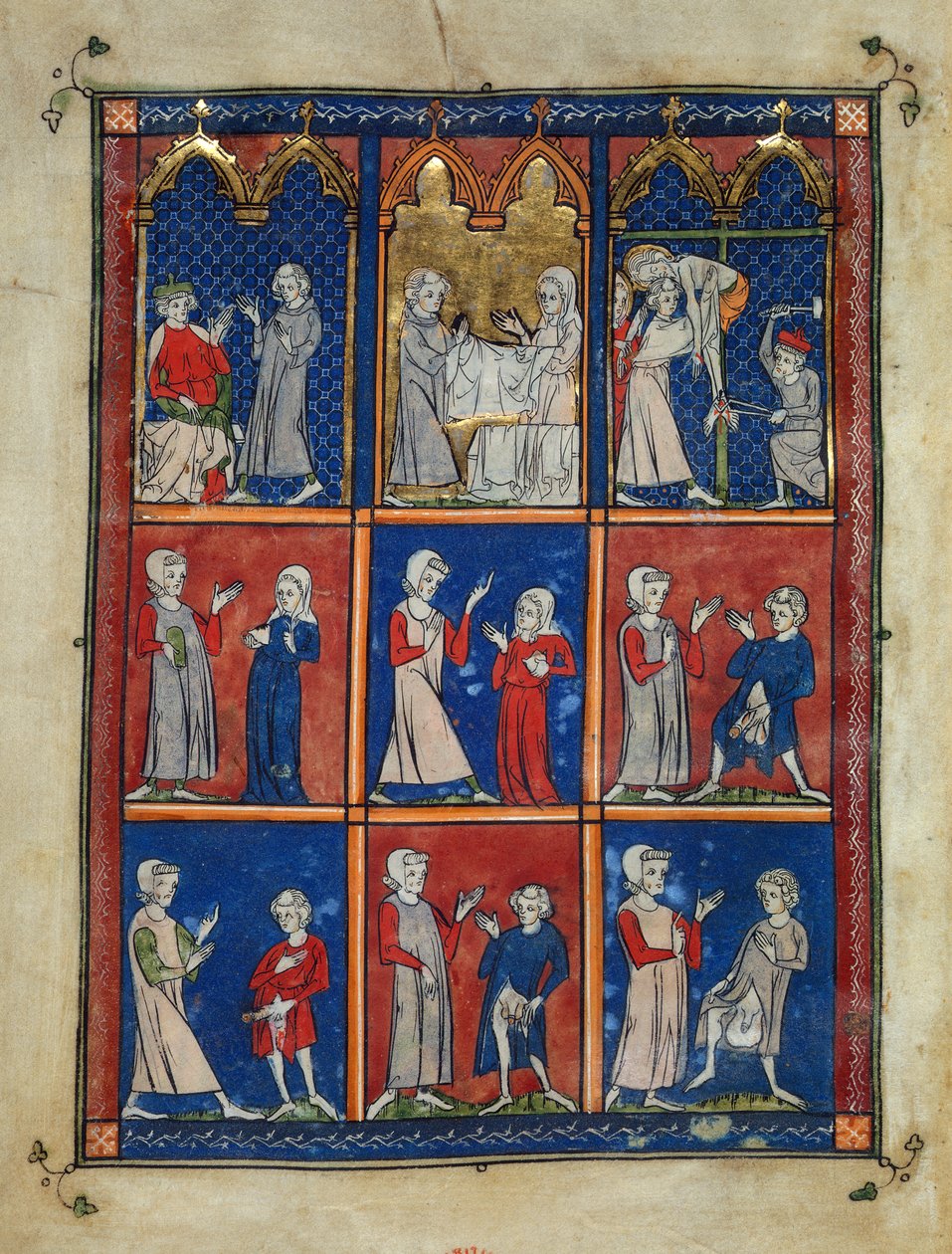Sloane 1977,f.7v The Chirurgia: Arimetheai József Krisztus testét kéri, József és egy nő temetési vászonnal, és a Deposition, lent pedig két nő beteg mellet mutat be egy orvosnak, és négy férfi, akik különböző nemi szervek betegségben szenvednek. alkotó: French School