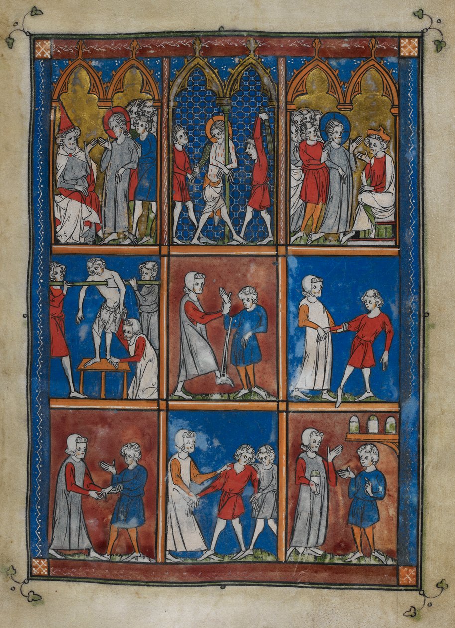 Sloane MS 1977 fol.6r Kilenc miniatúra bibliai és orvosi jelenetekkel. Fent Krisztus Kajafás és Pilátus előtt; a lobogtatás. Központban és alatta csonttörések és egyéb betegségek miatt betegeket kezelő orvosok alkotó: French School
