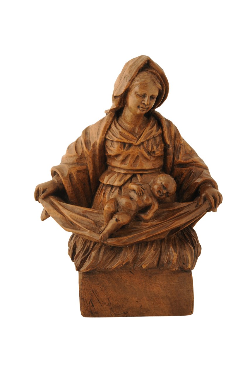 Kis hársfa faragvány a Madonnáról és a Gyermekről (hársfa) alkotó: French School