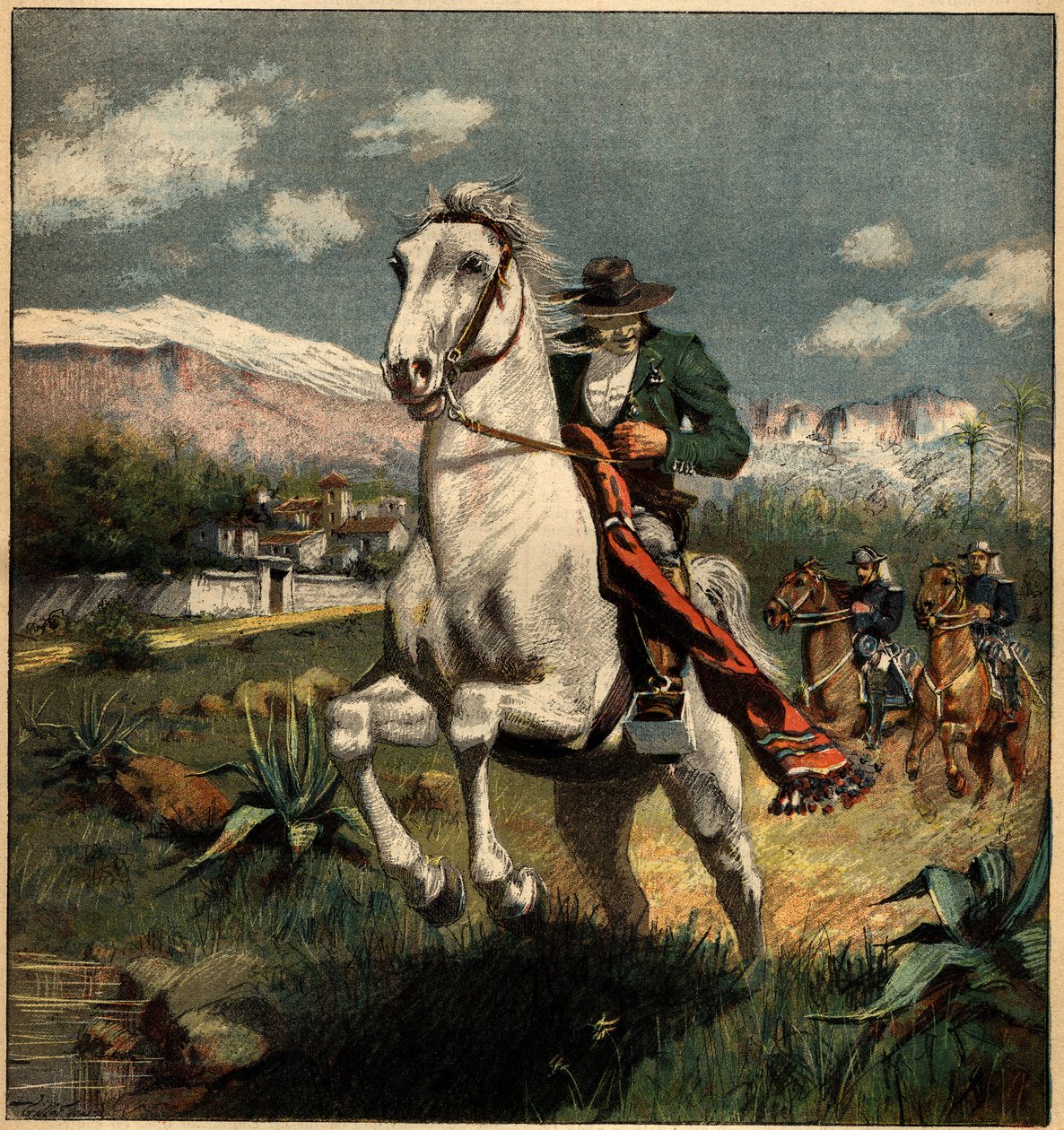 Csempész a Pireneusokban, akit a király karabinierei üldöznek. Metszet a „” La Terre Illustree”” 75. számában, 1892. április 7. alkotó: French School