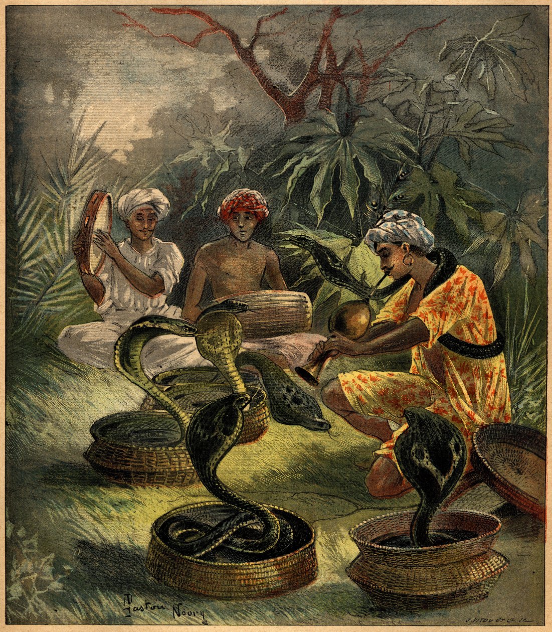 Kígyóbűvölő (kobrák) Indiában. Metszet a „La Terre Illustree”-ben, 1892. augusztus 18-i 94. sz. alkotó: French School