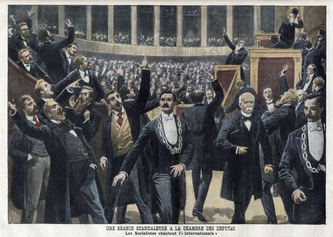 A szocialisták a The Internacionálét éneklik a franciaországi képviselőkamarában egy ülés közepén Georges Clemenceau (1841-1929) jelenlétében – „Le Petit Journal”, 1909. május (metszet) alkotó: French School