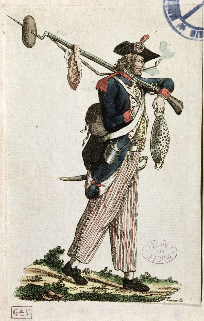 A francia forradalom katonája bajonettet cipel, amelyhez egy vekni kenyér és egy darab hús van rögzítve: LAn 11 1794 alkotó: French School