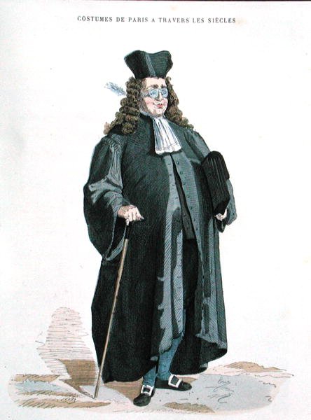 Ügyvéd 1725-ben, az 1887-ben megjelent "Costumes de Paris a Travers les Siecles" című könyvből (színes metszet). alkotó: French School