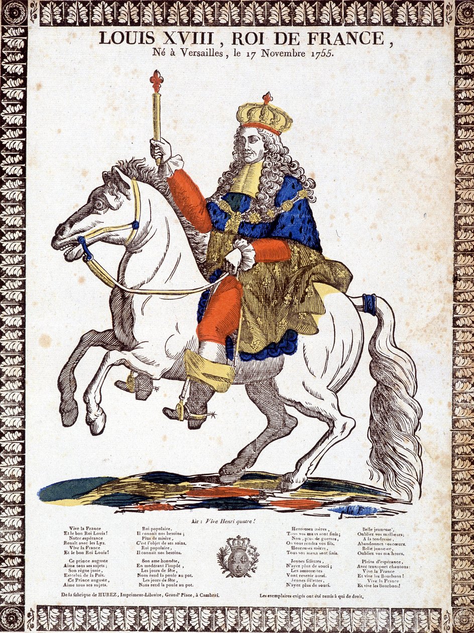 Ének XVIII. Lajos francia király tiszteletére, a király lovas portréjával illusztrálva (metszet) alkotó: French School