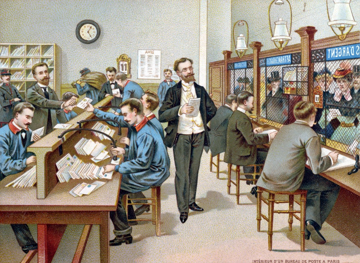 Postaválogatás egy párizsi postahivatalban, illusztráció a postahivatal naptárából, 1904 alkotó: French School