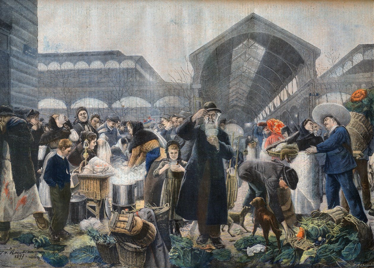 Levesstand a Les Halles-i piacon reggel, illusztráció a "Le petit Journal"-ból, 1897. március 2. - la soup aux Halles le matin Párizsban - Fortune-Louis Meaulle metszete Jean Jacques Rousseau (1861-1911) nyomán alkotó: French School