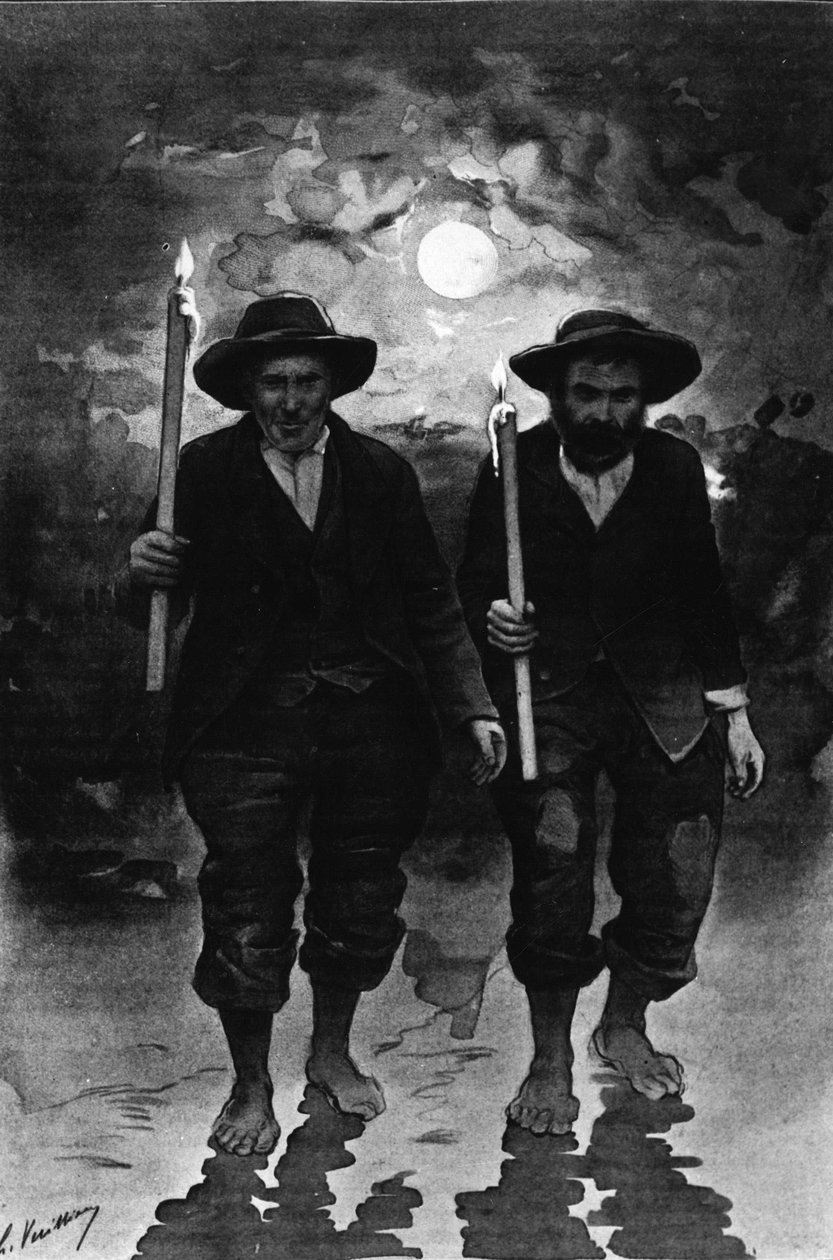 Forrás és beteg: két férfi, egy éjszakai telihold, mindegyik gyertyát tart és mezítláb jár (menet?) - a „Journal des voyages”-ban alkotó: French School