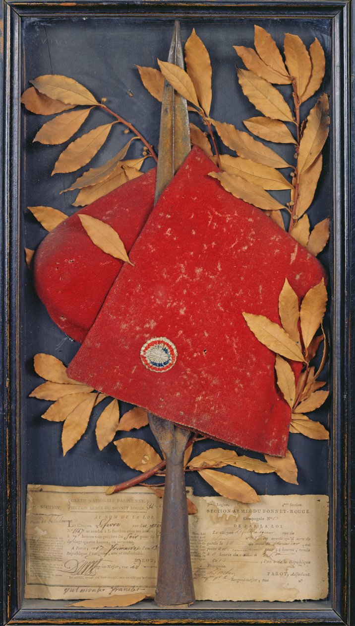 A Garde Nationale Parisienne emléktárgya, a Bonnet Rouge katonai részlege, 1794 (kollázs) alkotó: French School