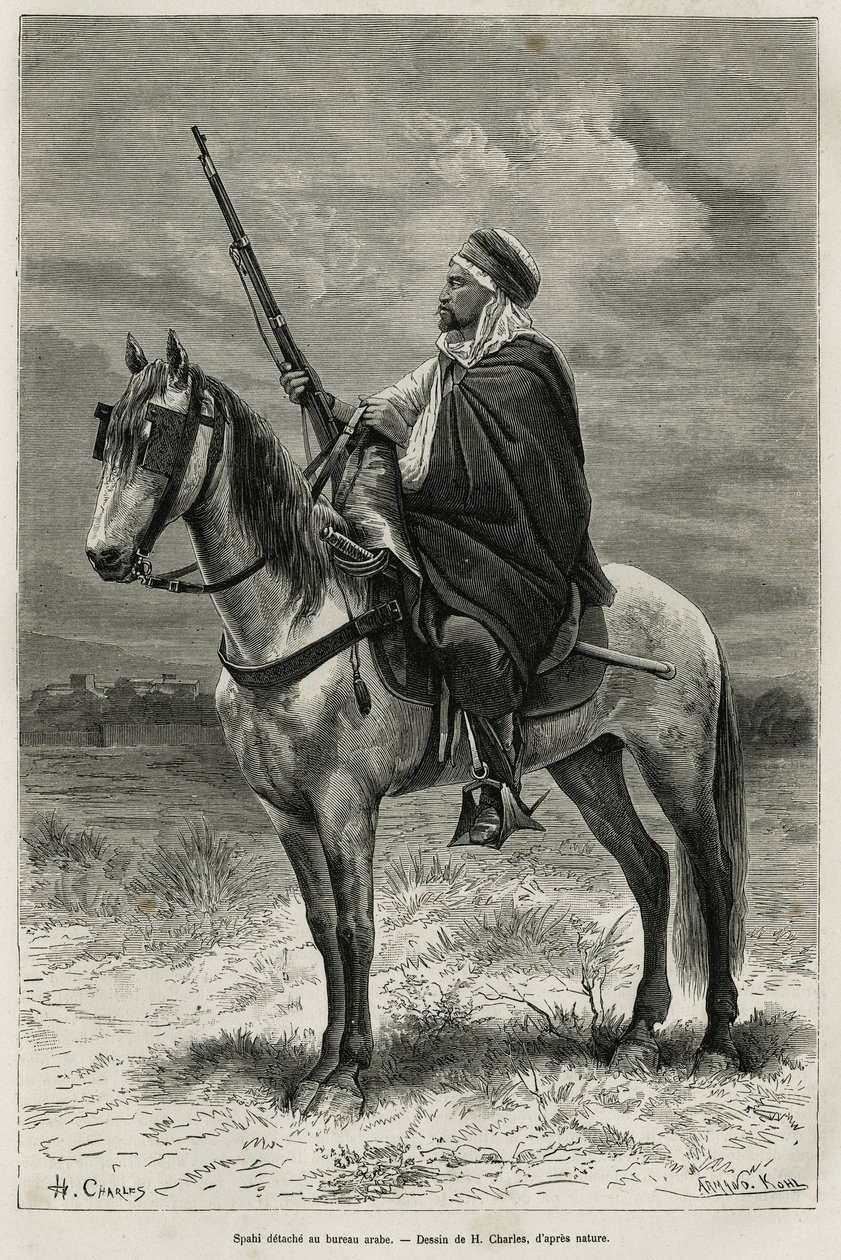 Spahi, hatékony lovas és rettegés, aki hozzájárul Algéria meghódításához, Franciaország szolgálatában, az arab irodában vonul ki, H. Charles rajza után metszet, hogy illusztrálja A. Heron Tebessa és emlékei (Algéria) című történetét. de Villefosse, alkotó: French School